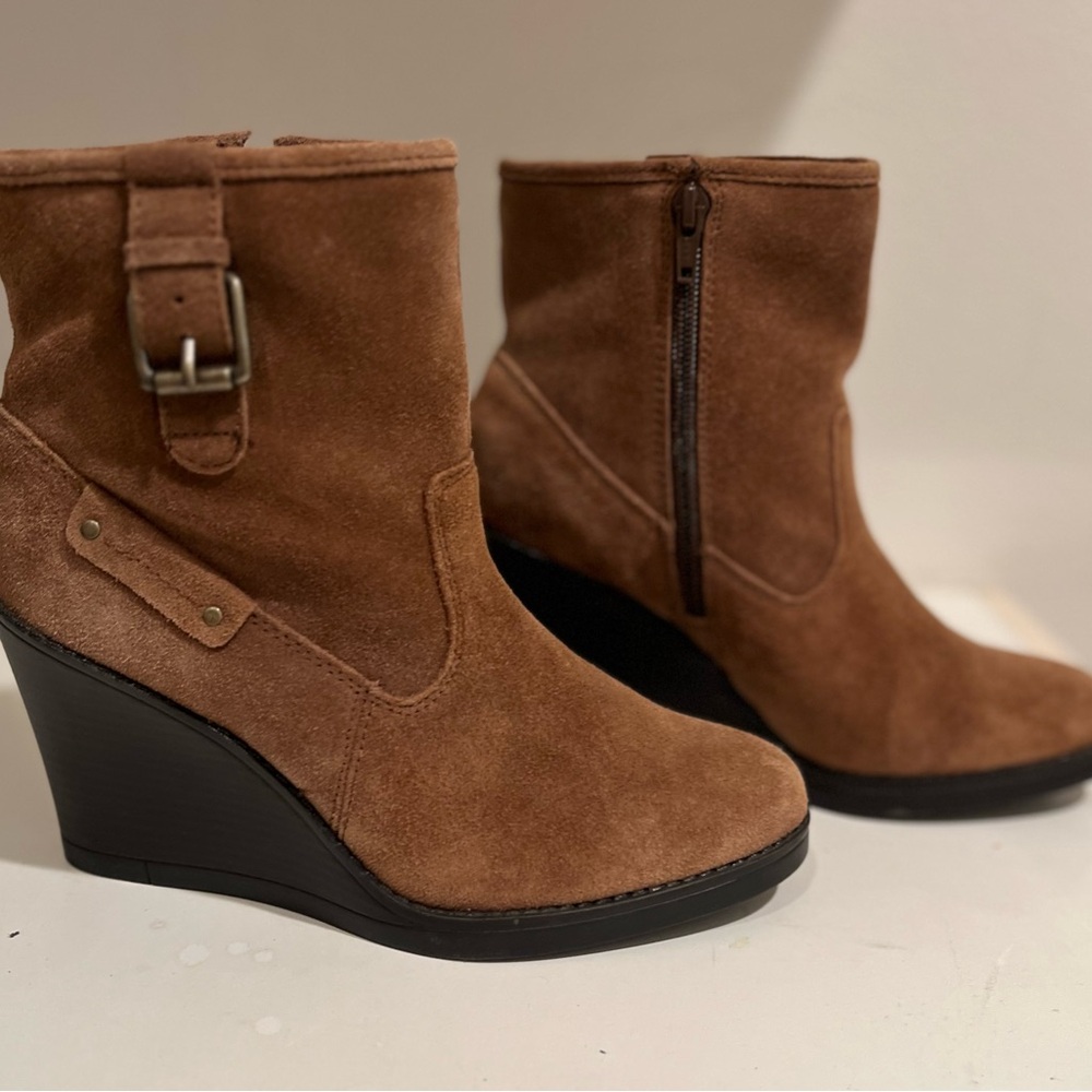 Liz & Co Brown Wedge Ankle Boots with Buckle Detail